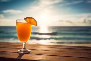 Summer tropical beach background with fresh margarita coctail on the table in hot summer day. photo