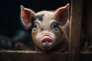 Little pretty baby pig peeking out from behind fence at pig farm. AI Generated photo