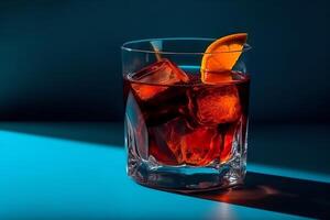 Popular cocktail negroni with gin and vermouth on blue background with shadow negroni cocktail. photo