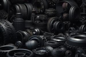 Dark industrial wallpaper 3d render vehicle parts pattern black transport background with car parts gear wheels pipes heap of auto parts wheels 3d illustration. AI Generated photo