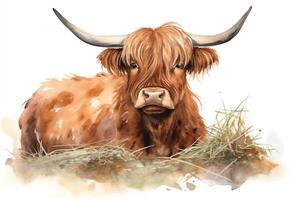 Watercolor highland cow illustration with haystack and green grass isolated on white background summer design. photo