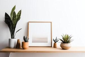 Empty horizontal frame mockup in modern minimalist interior with plant in trendy vase on white wall background template artwork painting photo or poster.