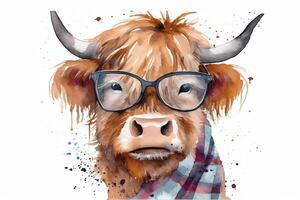 Quirky highland cow add a touch of fun with a scarf and glasses watercolor white. photo