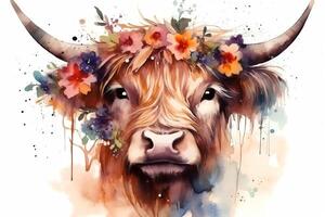 Watercolor scottish highland cow beautiful highland cow with flowers on her head floral headband. photo