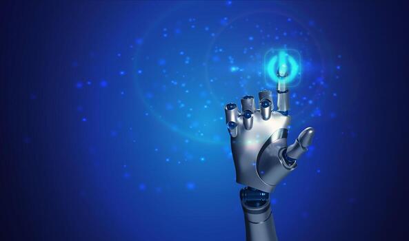 robot brazo ai dedo señalando toque pantalla hacer clic rápido azul degradado elemento tecnología futurista Ciencias máquina industria humano persona personas innovación inteligencia artificial cyborg computadora red foto