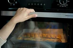 Cropped view of hand open door at silver gas oven. photo