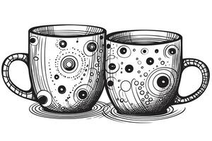 An outline jpeg illustration of two polka dot decorated coffee mugs isolated on white background designed in a classic style as a coloring page adults and kids. photo