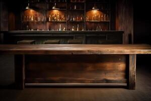 Pub bar counter with wooden table background. photo