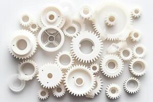 Group white gears or cogwheels on white background modern minimal process or industry concept template flat lay top view from above with. photo