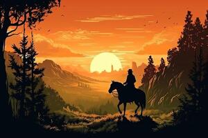 salvaje Oeste póster vaquero montando dentro el puesta de sol con su caballo salvaje Oeste paisaje. ai generado foto
