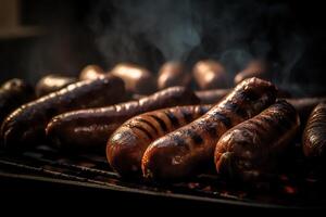 Delicious grilled sausages laying on a hot grill during summertime. photo