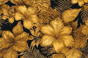 Tropical exotic vintage seamless pattern gold hibiscus flowers bouquets banana leaves palm handdrawn 3d illustration good luxury wallpapers wrapping paper tapestry cloth fabric printing. photo