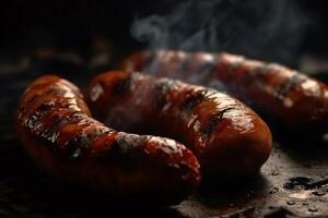 Sausage with smoke on k grilled sausage on k juicy german sausage on grilled barbecue bbq pork. photo