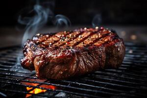 Hot beef steak on grill grate. photo