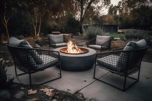 al aire libre patio interior fuego pozo con gris moderno mueble al aire libre sillas asientos en un puesta de sol residencial casa terraza. ai generado foto