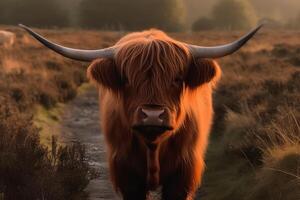 Near a gravel road a highland cow with a long tuft of reddish hair looks straight into the camera. photo