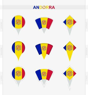 Andorra flag, set of location pin icons of Andorra flag.