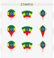 Ethiopia flag, set of location pin icons of Ethiopia flag. vector