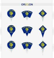 Oregon flag, set of location pin icons of Oregon flag. vector