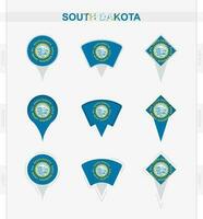 sur Dakota bandera, conjunto de ubicación alfiler íconos de sur Dakota bandera. vector