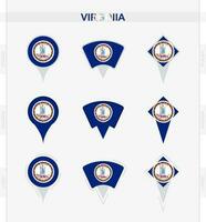 Virginia flag, set of location pin icons of Virginia flag. vector