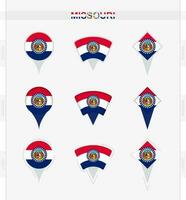 Missouri flag, set of location pin icons of Missouri flag. vector