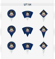 Utah flag, set of location pin icons of Utah flag. vector