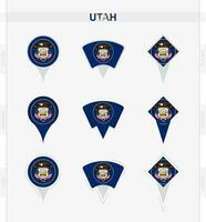 Utah flag, set of location pin icons of Utah flag. vector