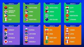 Basketball 2023, participant flags sorted by groups. vector