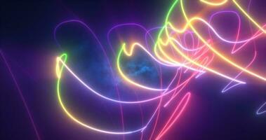 Abstract multi-colored rainbow neon energy laser lines flying on a black background photo