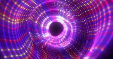 Abstract purple energy tunnel made of particles and a grid of high-tech lines with a glowing background effect photo