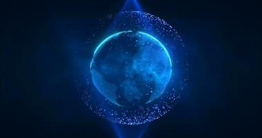 Abstract blue planet earth spinning with futuristic high-tech particles bright glowing magical energy, abstract background photo