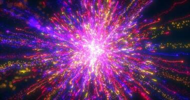 Abstract glowing energy explosion whirlwind firework from purple lines and magic particles abstract background photo
