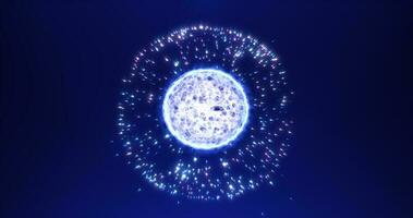 Abstract blue round sphere energy molecule from futuristic high-tech glowing particles photo