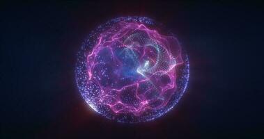 Abstract purple energy sphere from particles and waves of magical glowing on a dark background photo