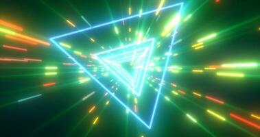 Abstract green energy futuristic hi-tech tunnel of flying triangles and lines neon magic glowing background photo