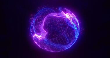 Abstract purple energy sphere of particles and waves of magical glowing on a dark background photo