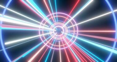 Abstract multi-colored energy futuristic hi-tech tunnel of flying circles and lines neon magic glowing background photo