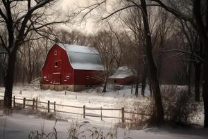 Red barn in winter. AI Generated photo