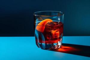 Popular cocktail negroni with gin and vermouth on blue background with shadow negroni cocktail on coloured background in trendy style contemporary concept with alcohol beverage. photo