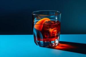 popular cóctel negroni con Ginebra y Vermut en azul antecedentes con sombra negroni cóctel en de colores antecedentes en de moda estilo contemporáneo concepto con alcohol bebida. ai generado foto