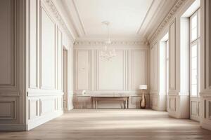 Contemporary beige white bright empty interior with wall panel and moldings 3d render illustration mockup. photo