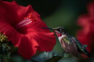 macro fotografía de un colibrí alimentación en un hibisco flor. ai generado foto