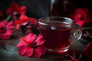 Red hibiscus hot herbal tea with flowers on background. photo