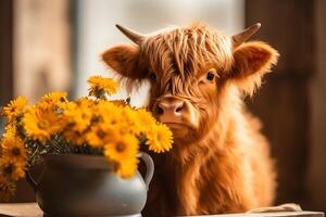 Cute baby highland cow on vase spring flowers. photo