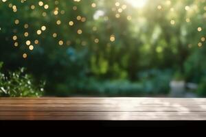 Empty white wooden table top with out of focus lights bokeh green garden background behind window and green plant. photo