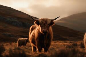 grande tierras altas vacas en un prado en parte superior de un colina hermosa dramático escenario. ai generado foto