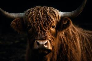 Portrait of a brown scottish highland cattle cow with long horns. AI Generated photo