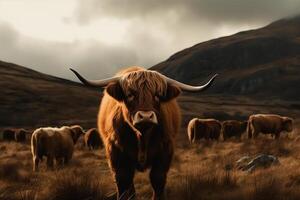 grande tierras altas vacas en un prado en parte superior de un colina hermosa dramático escenario. ai generado foto