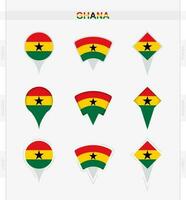 Ghana bandera, conjunto de ubicación alfiler íconos de Ghana bandera. vector